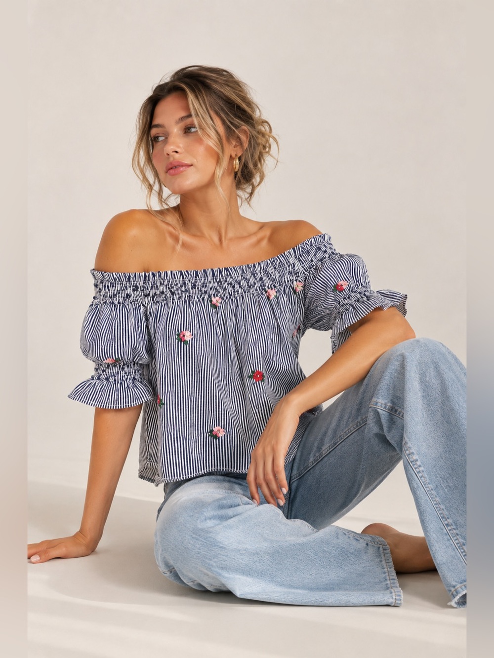 Lush Off Shoulder Striped Floral Top | Cottagecore Boho Puff Sleeve Blouse S